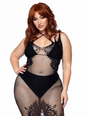 Seamless Plus Size Net And Lace Dual Strap Halter Dress With Faux Lace Up Back