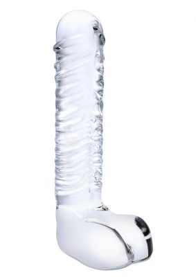 Glas Realistic Ribbed Glass G-Spot Dildo with Balls 8in