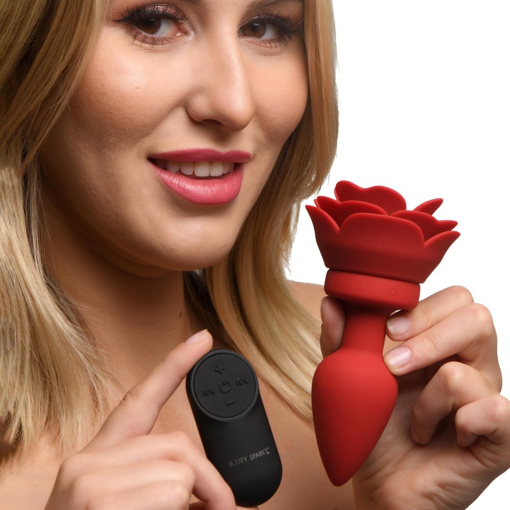 28X+Silicone+Vibrating+Rose+Anal+Plug+with+Remote