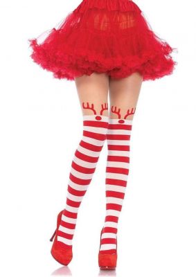 Leg Avenue Rudolph Reindeer Opaque Striped Pantyhose with Sheer Thigh High