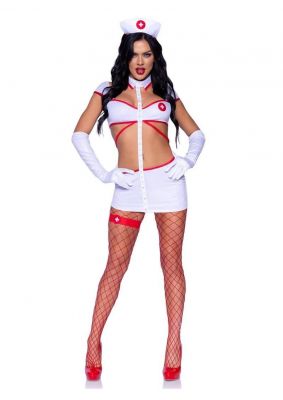 Leg Avenue Heartstopping Nurse Strappy Cut-Out Dress with Snap Detail, Gloves, Headband, and Garter