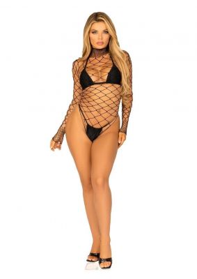 Leg Avenue High Neck Fence Net Long Sleeved Bodysuit with Snap Crotch Thong Panty