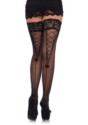 Leg Avenue Stay Up Lace Top Sheer Thigh Highs with Faux Lace Up Backseam