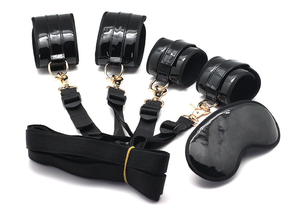 Faux+Glossy+Leather+Wrist+And+Ankle+Restraints+with+Blindfold