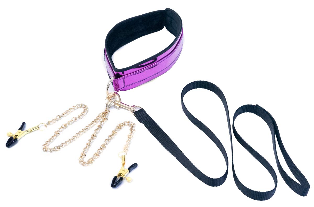 Faux+Glossy+Collar+And+Leash+With+Nipple+Clamps