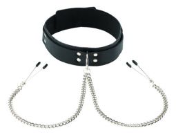 Leather Collar with Tweezer Nipple Clamps