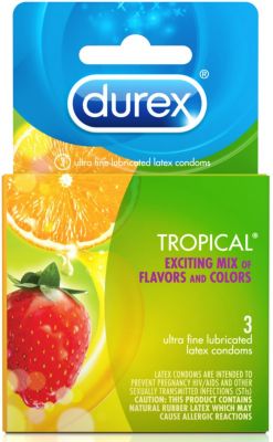 Durex Condoms Tropical Assorted Flavors And Colors 3 Each Per Box.