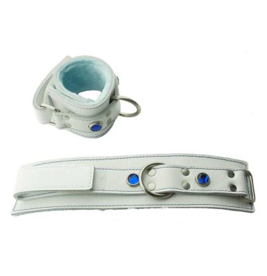 Divinity White Leather jeweled Ankle and Wrist Bondage Cuffs