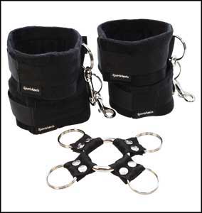 Sportsheets Five Piece Hog Tie And Cuff Set in adjustable black fabric