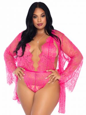Floral Plus Size Lace Teddy with Robe Lingerie Set