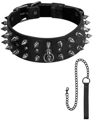 Ouch! Skulls And Bones Biker Spike Collar With Leash