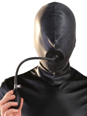 Black Latex Hood with Pump-Up Plug and Eye Nose Holes
