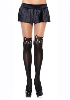 Leg Avenue Black Cat Spandex Opaque Pantyhose with Sheer Thigh Accent