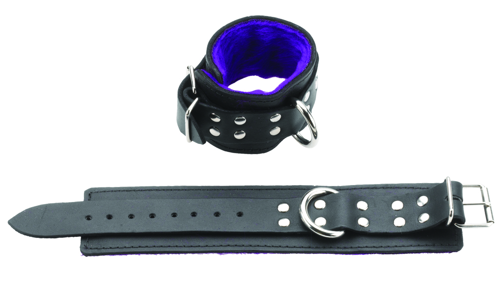 Leather+Bondage+Cuffs+With+Purple+Faux+Fur