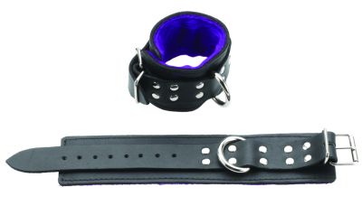 Leather Bondage Cuffs With Purple Faux Fur