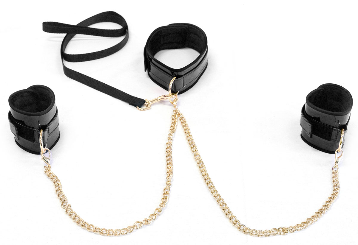 Faux+Glossy+Leather+Collar+To+Wrist+Bondage+Kit