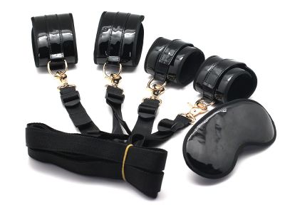 Faux Glossy Leather Wrist And Ankle Restraints with Blindfold