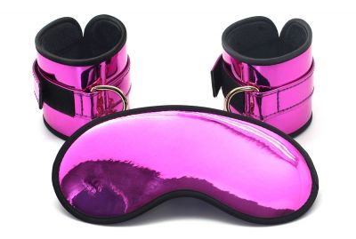 Faux Glossy Leather Wrist Restraints And Blindfold