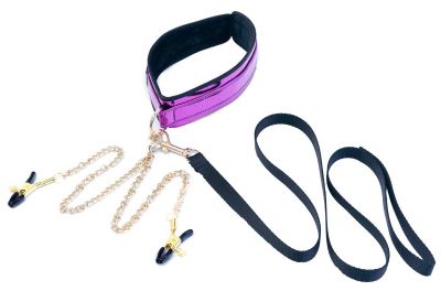 Faux Glossy Collar And Leash With Nipple Clamps