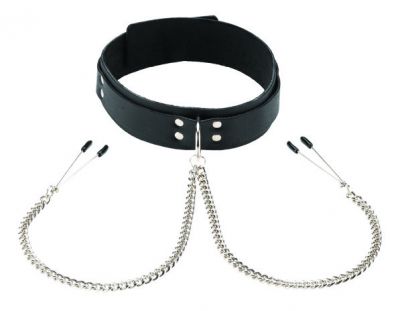 Slave Collar with Tweezer Nipple Clamps