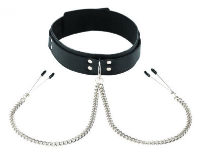 Leather Collar with Tweezer Nipple Clamps