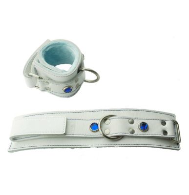 Divinity White Leather jeweled Ankle and Wrist Bondage Cuffs